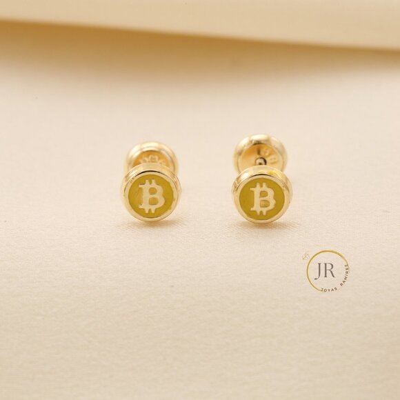 Joyas Ramirez Jewelry - 14K Solid Gold Bitcoin Logo Stud Earrings Crypto Luxury Fine Jewelry